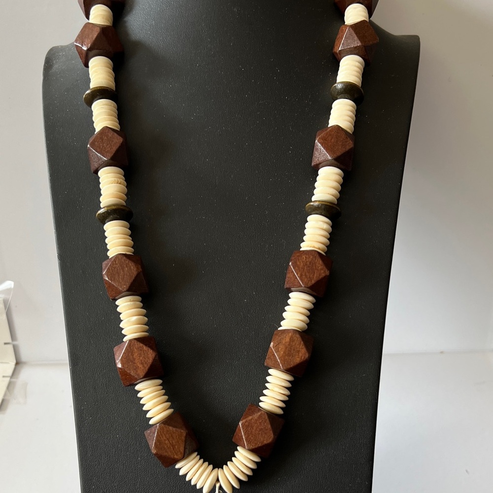 Brown and Cream Geometric Beaded pendant Necklace; approximately 31 inch